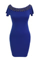 Studded Off Shoulder Blue Short Sleeve Bodycon Dress