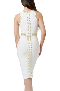 Gold Metal Embellished Detail White Bandage Dress