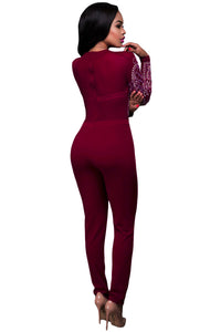 Red Long Sleeves Rhinestone Mesh Bodice Formfitting Jumpsuit