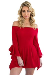 Red Off-shoulder Frill Sleeve Playsuit