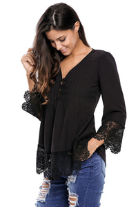 Black Lace Detail Button Up Sleeved Blouse