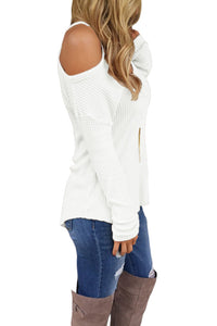 White Cold Shoulder Knit Long Sleeves Sweater