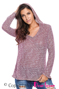 Burgundy Hooded V-Neck Long Sleeve Loose Knitted Top