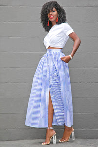 Blue White Stripes Button Front Maxi Skirt