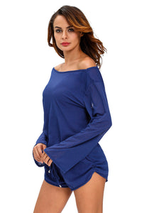 Blue Oversize Bodice Long Sleeve Hollow-out Back Romper