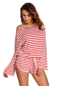 Red White Batwing Stripe Cover-Up Romper