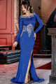 Gold Lace Applique Royal Blue Long Sleeve Prom Dress