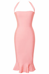 Pink Halter Mermaid Midi Bodycon Bandage Dress with Flare