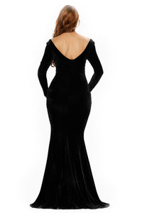 Lace Embroidery Accent High Split Black Velvet Dress