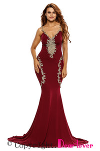 Deluxe Lace Applique Burgundy Mermaid Party Dress