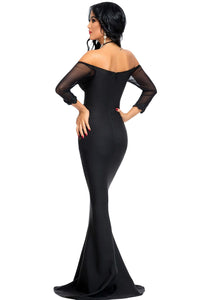 Black Sequin Mesh Detail Off Shoulder Mermaid Dress