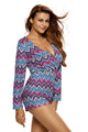 Bright Zigzag Print Deep V Lace-up Long Sleeve Playsuit