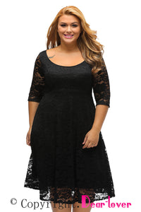 Black Floral Lace Sleeved Fit and Flare Curvy Dress