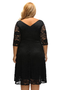 Black Floral Lace Sleeved Fit and Flare Curvy Dress