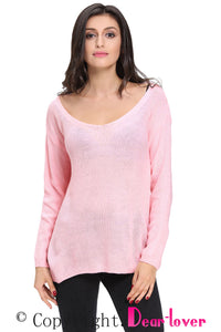 Pink Knitted Long Sleeve Plunge Jumper