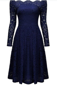 Blue Long Sleeve Floral Lace Boat Neck Cocktail Swing Dress
