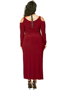Burgundy Cold Shoulder Choker Neck Plus Size Maxi Dress