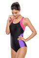 Rosy Lilac Detail Black Racerback One Piece Swimsuit