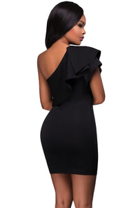 Black Asymmetric Ruffled Neckline Bodycon Mini Dress