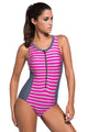 Rosy Striped Sleeveless Rashguard One Piece Swimsuit
