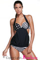 2pcs Black White Stripes&Stars Halter Tankini Swimsuit