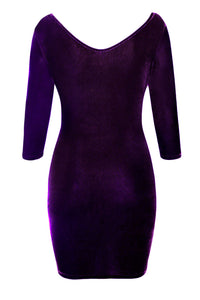 Purple Hollow Out Round Neck Sleeved Velvet Dress
