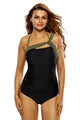 Army Green Straps Accent Black One Piece Swimsuit