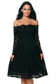Black Long Sleeve Floral Lace Boat Neck Cocktail Swing Dress