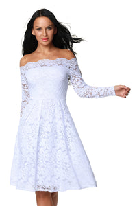 White Long Sleeve Floral Lace Boat Neck Cocktail Swing Dress