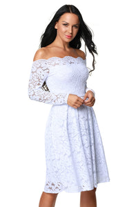 White Long Sleeve Floral Lace Boat Neck Cocktail Swing Dress