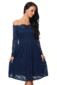 Blue Long Sleeve Floral Lace Boat Neck Cocktail Swing Dress