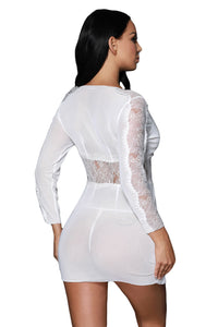 White Lace Chiffon Long Sleeve Babydoll with G-string