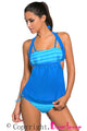Cyan Blue Stripes Blue Splice Tankini Swimsuit