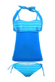 Cyan Blue Stripes Blue Splice Tankini Swimsuit