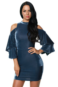 Blue Cold Shoulder Bell Sleeve Velvet Dress