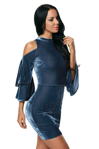 Blue Cold Shoulder Bell Sleeve Velvet Dress