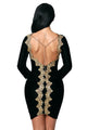 Gold Embroidery Trim Open Back Ruched Black Midi Dress
