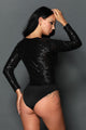 Black Sequins Spliced Bodice Long Sleeves Bodysuit
