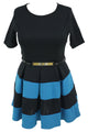 Royal Blue Stripes Detail Belted Plus Size Skater Dress