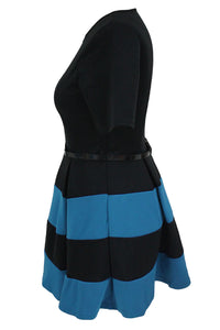 Royal Blue Stripes Detail Belted Plus Size Skater Dress