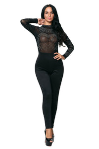 Black Long Sleeve Studded Mesh Top Jumpsuit