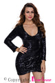 Black Ruched Sequin Long Sleeve Nightclub Dress