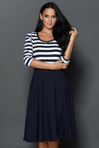 Navy White Stripes Scoop Neck Sleeved Casual Swing Dress