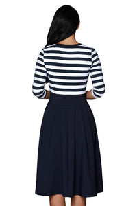 Navy White Stripes Scoop Neck Sleeved Casual Swing Dress