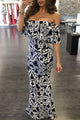 White Tendril Print Navy Off-the-shoulder Maxi Dress
