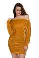 Gold Velvet Off Shoulder Ruched Dress