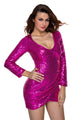 Purple Ruched Sequin Long Sleeve Nightclub Dress