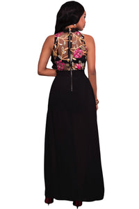 Black Sheer Mesh Embroidery Chiffon Romper Maxi Dress