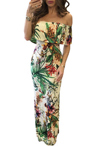 Vibrant Botanic Print Off-the-shoulder Maxi Dress