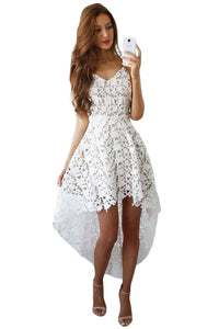 White Hollow Lace Nude Illusion Hi-low Party Dress